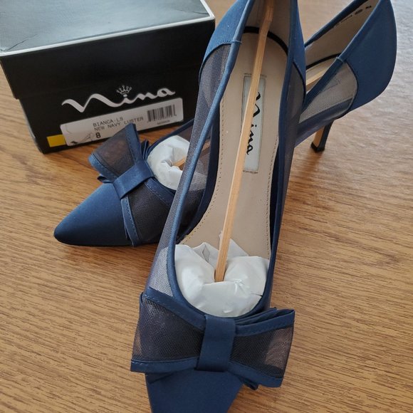 Nina Bianca Satin Mesh Bow Pumps Navy 